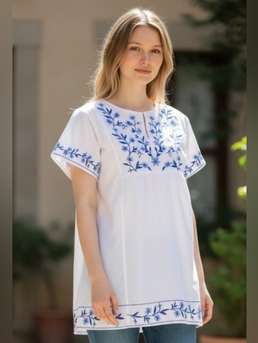 Crewcuts White Tunic Top with Blue Floral Embroidery